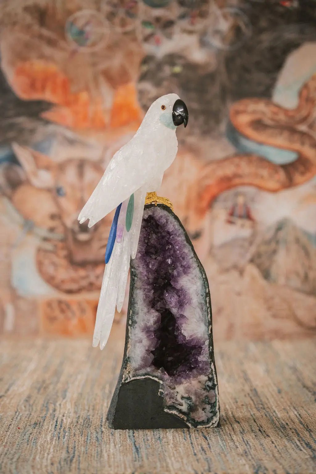 3 Ft Clear Quartz Crystal Parrot On Amethyst Cathedral - Amethyst Goddess