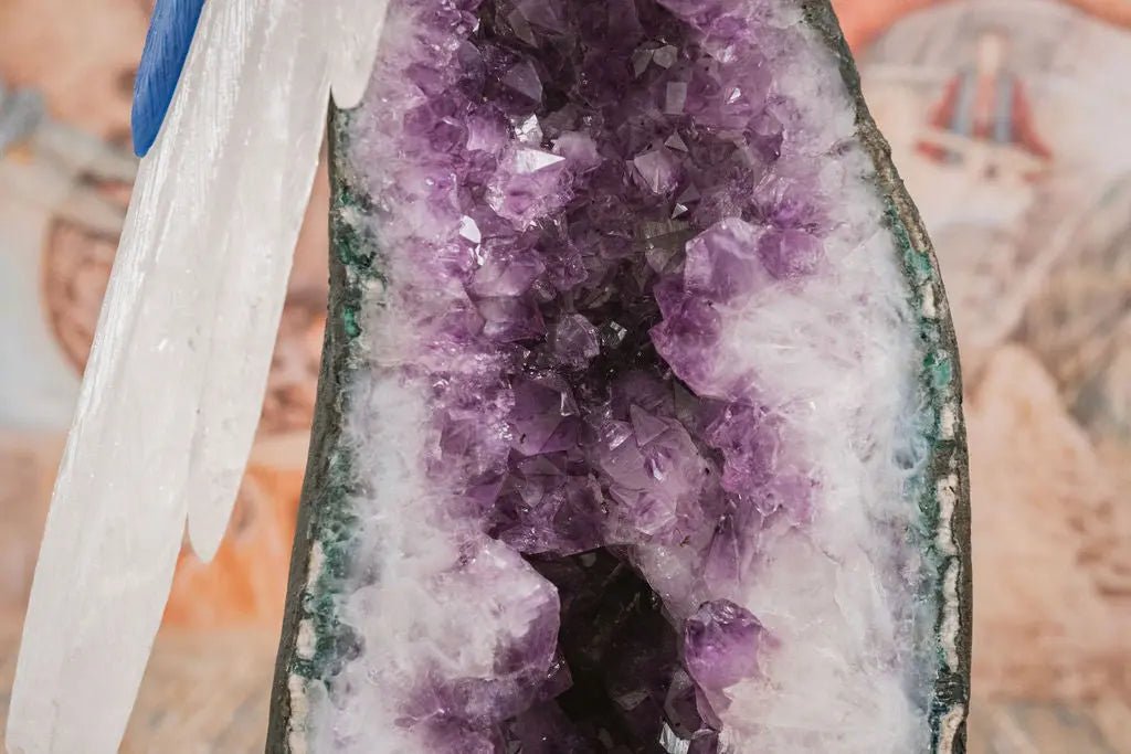 3 Ft Clear Quartz Crystal Parrot On Amethyst Cathedral - Amethyst Goddess