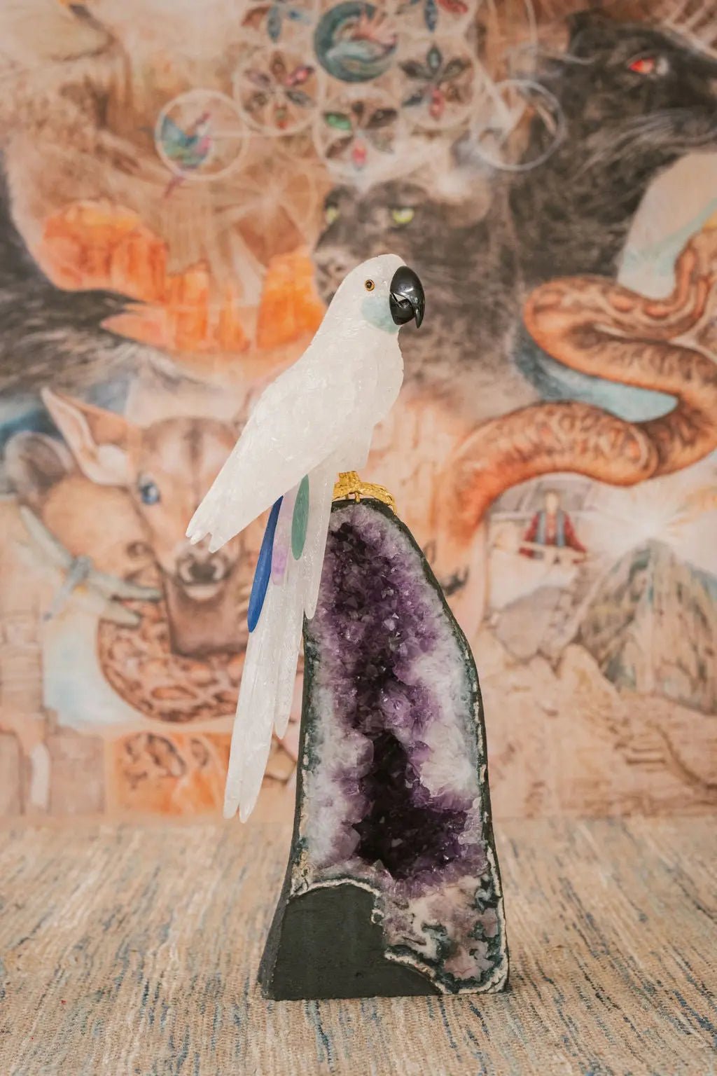3 Ft Clear Quartz Crystal Parrot On Amethyst Cathedral - Amethyst Goddess