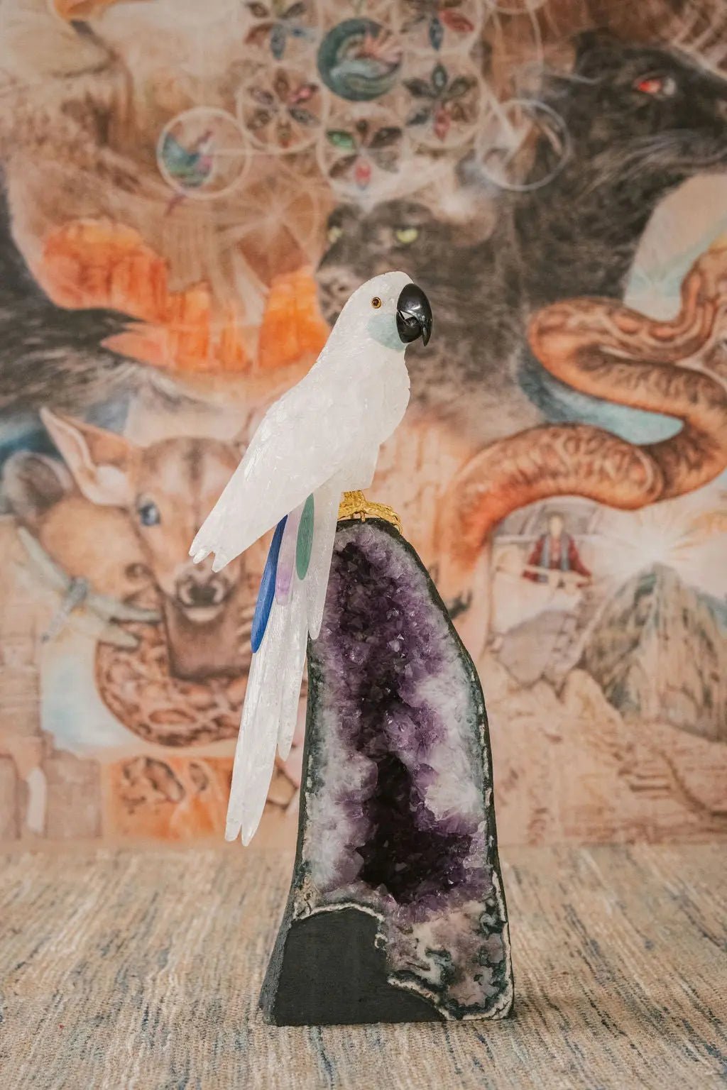 3 Ft Clear Quartz Crystal Parrot On Amethyst Cathedral - Amethyst Goddess