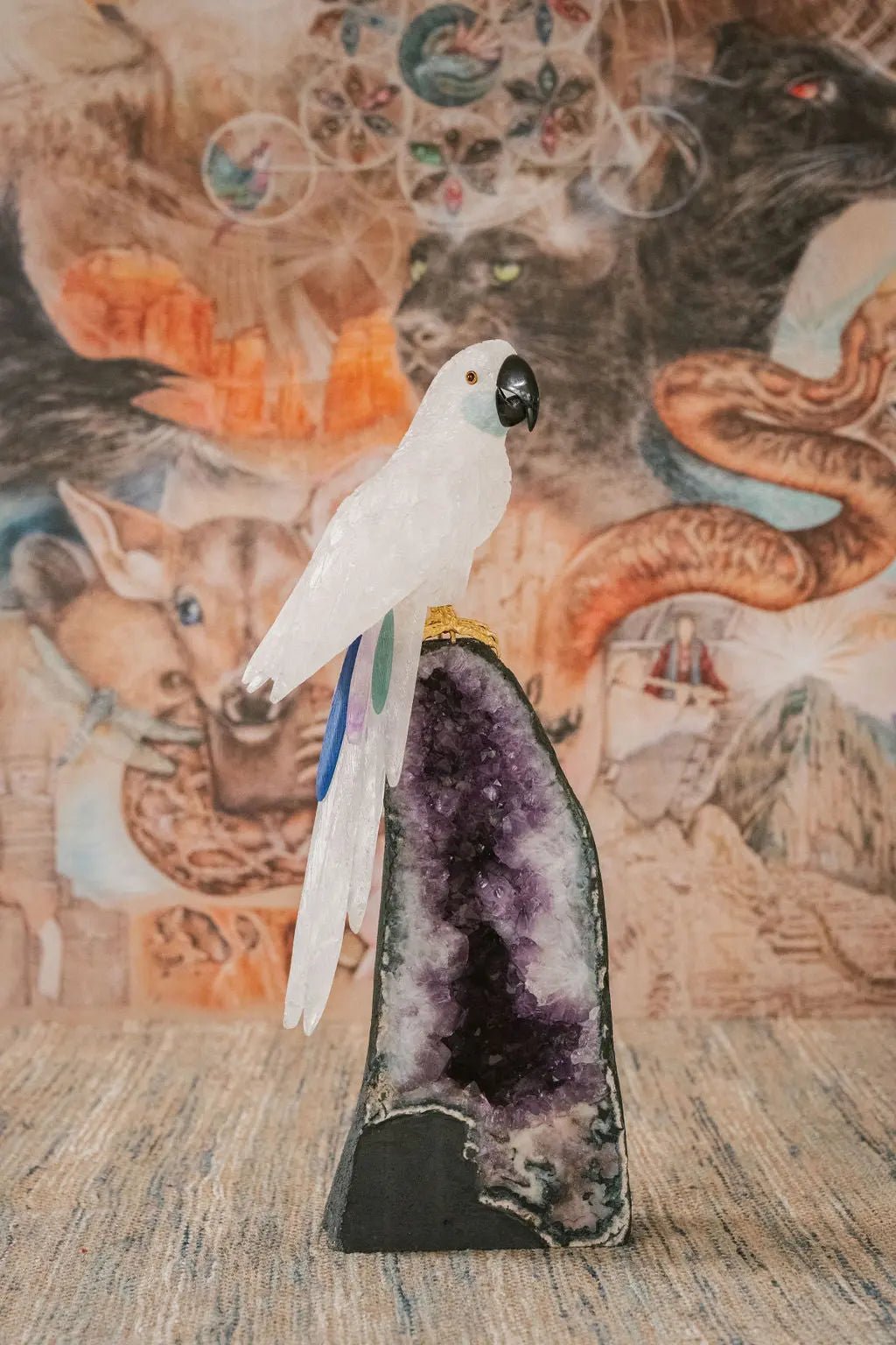 3 Ft Clear Quartz Crystal Parrot On Amethyst Cathedral - Amethyst Goddess