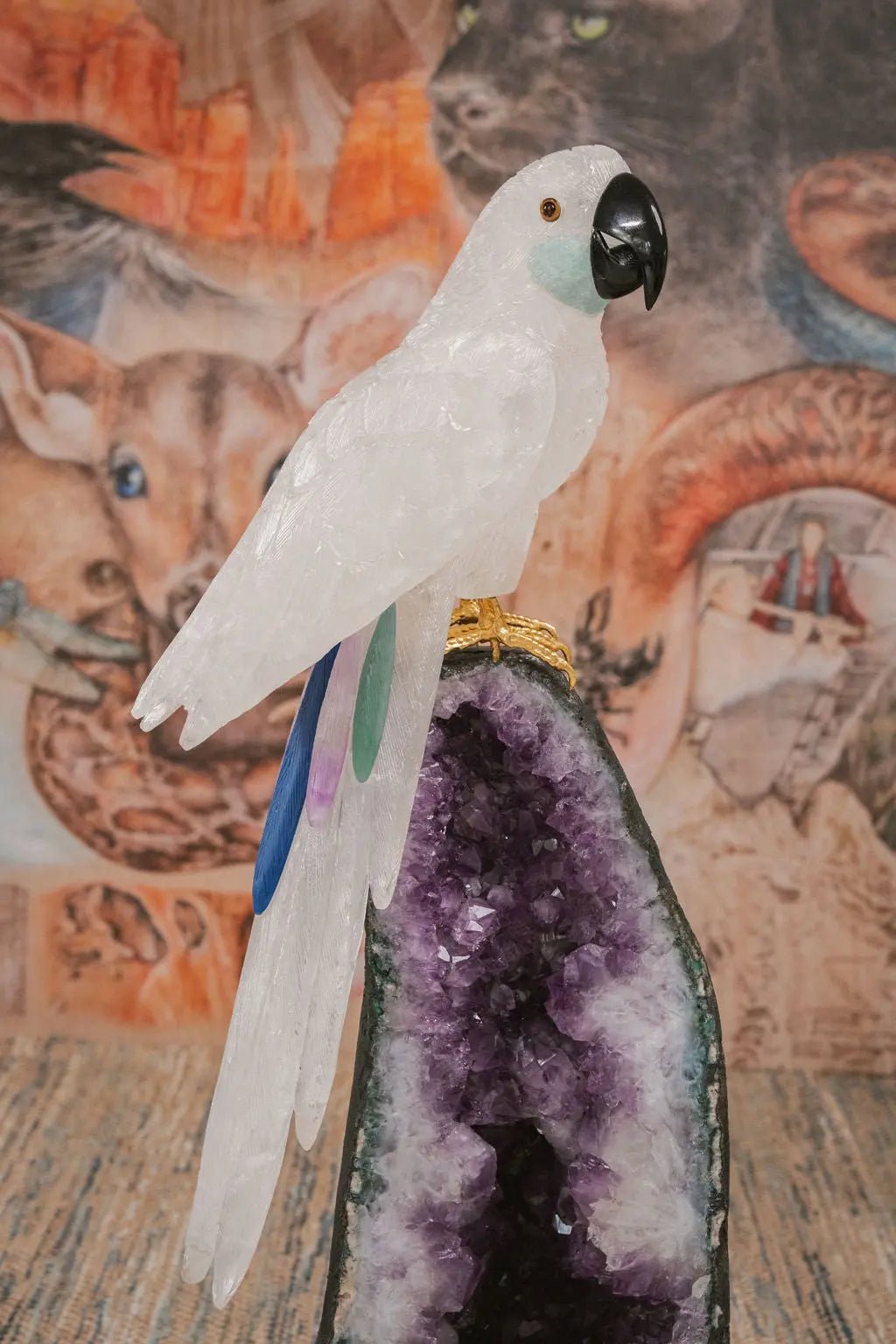 3 Ft Clear Quartz Crystal Parrot On Amethyst Cathedral - Amethyst Goddess