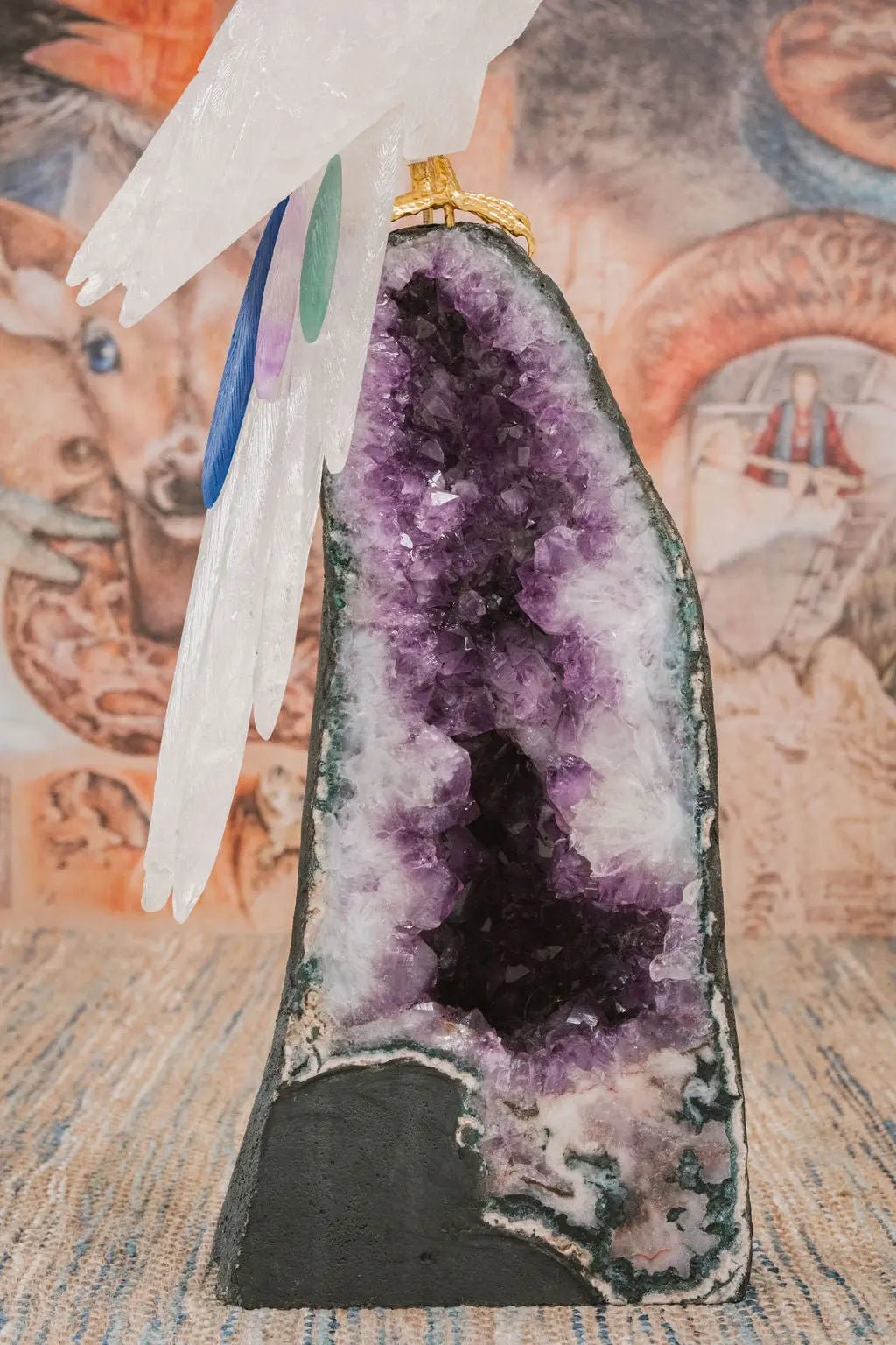 3 Ft Clear Quartz Crystal Parrot On Amethyst Cathedral - Amethyst Goddess