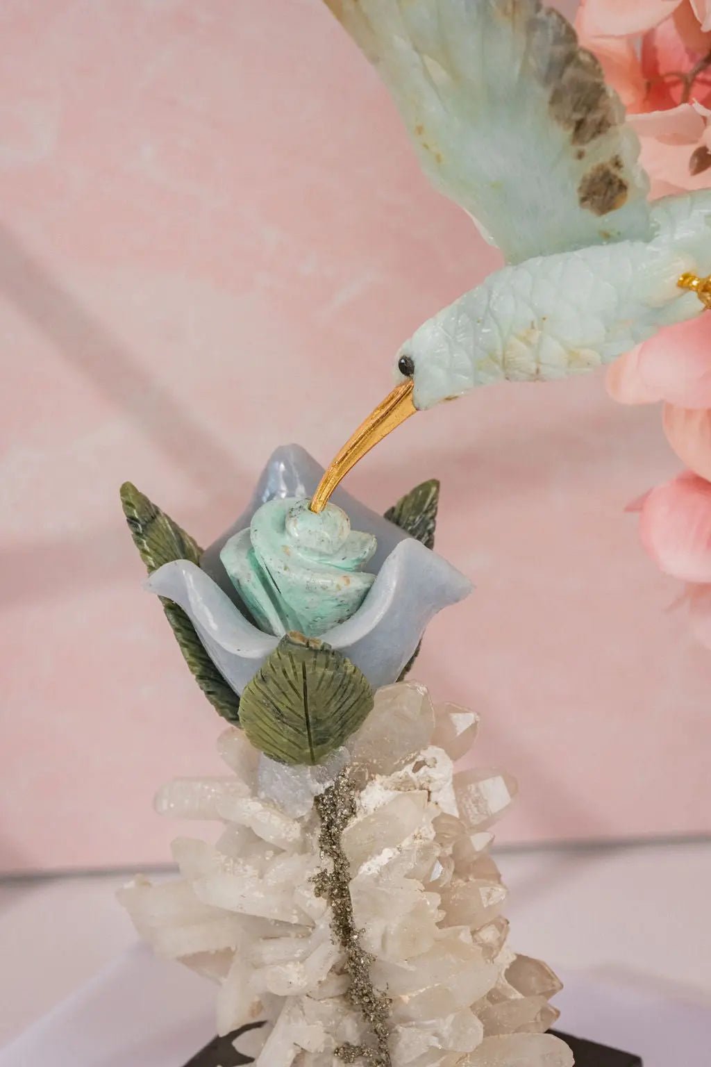 "Celestial Bloom" - Blue Andean Opal Hummingbird Sculpture on Quartz/ Pyrite Base - Amethyst Goddess