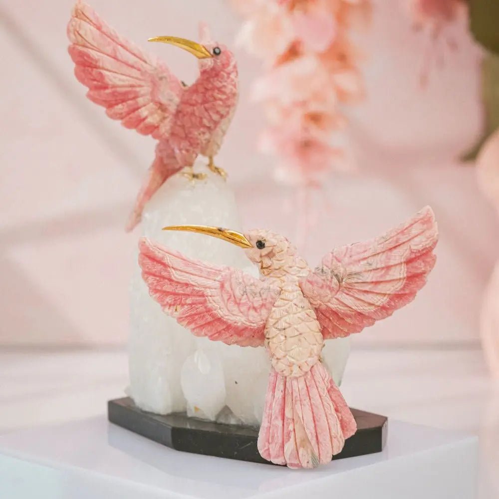 Pink Serenade: Dual Rhodochrosite Hummingbirds with Quartz Monolith - Amethyst Goddess