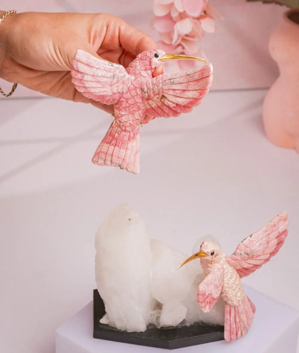 Pink Serenade: Dual Rhodochrosite Hummingbirds with Quartz Monolith - Amethyst Goddess