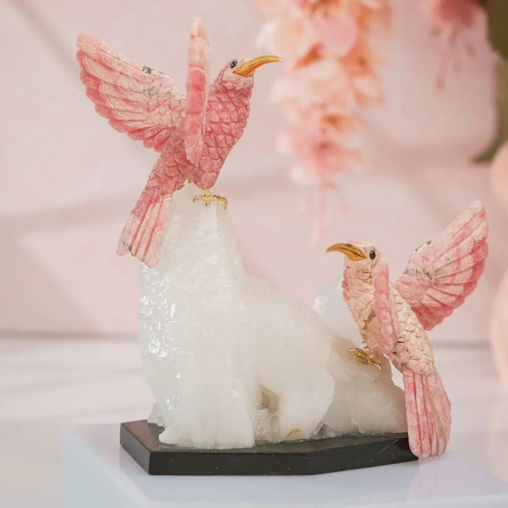 Pink Serenade: Dual Rhodochrosite Hummingbirds with Quartz Monolith - Amethyst Goddess