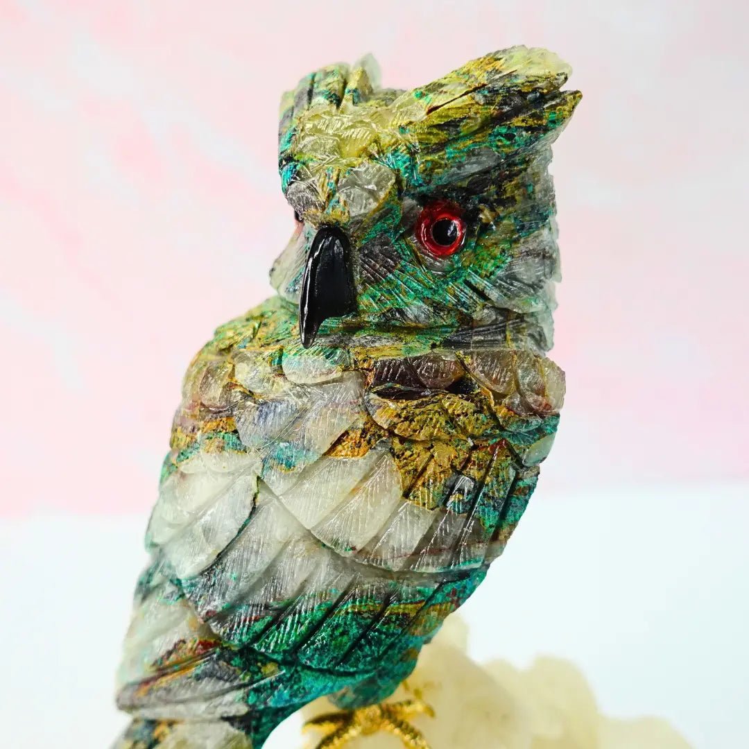 Quantum Quattro Crystal Owl Figurine on Clear Quartz Base - Amethyst Goddess