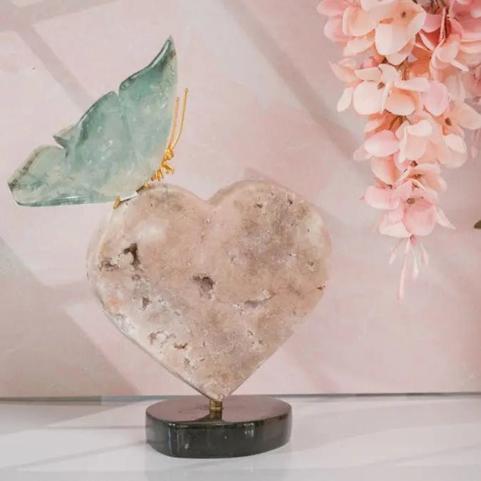 Green Fluorite Butterfly Sculpture on 360° Rotating Pink Amethyst Heart Base - Amethyst Goddess
