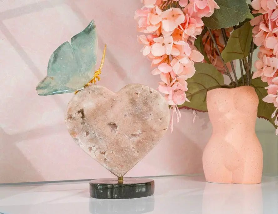 Green Fluorite Butterfly Sculpture on 360° Rotating Pink Amethyst Heart Base - Amethyst Goddess