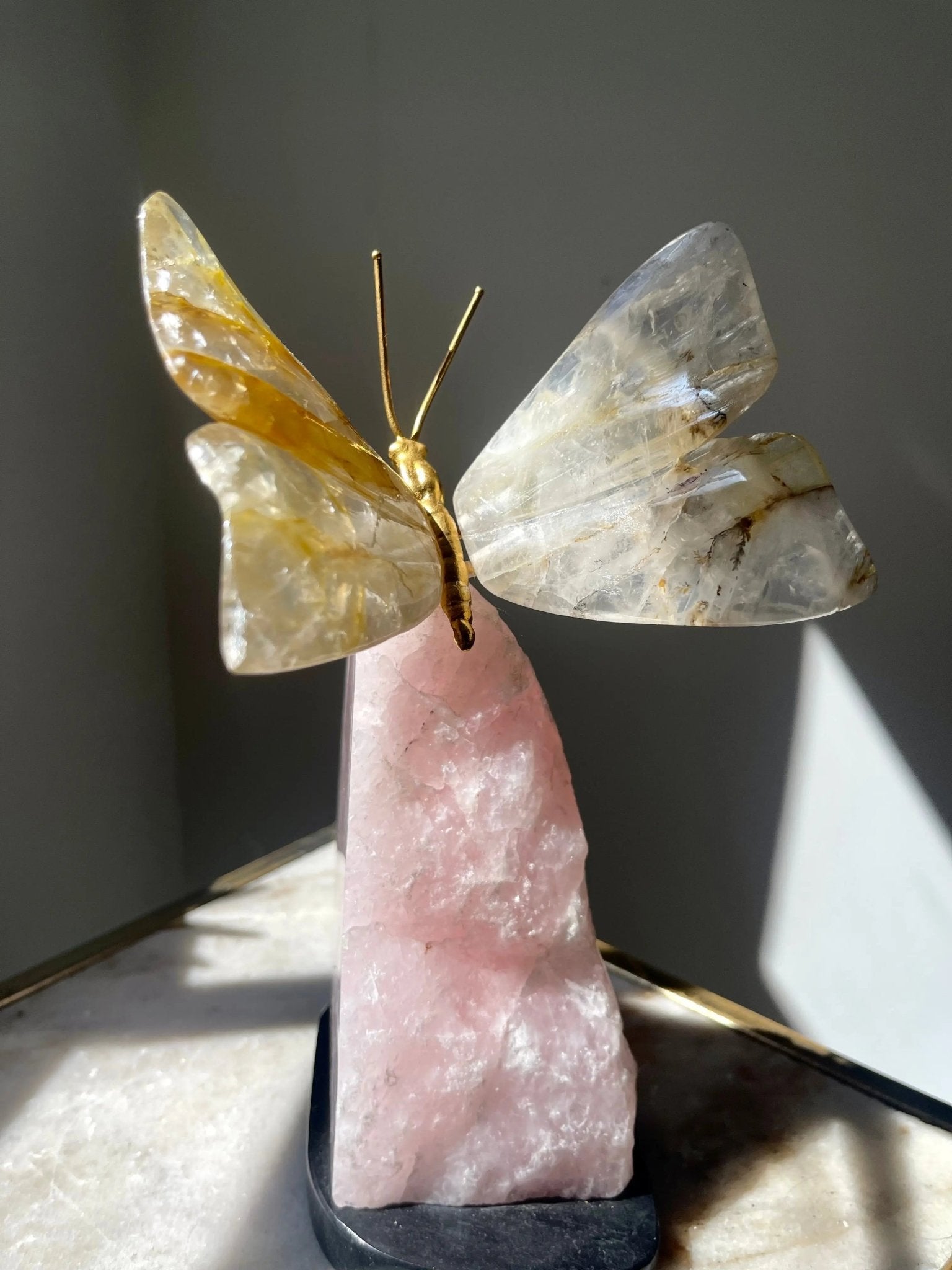 Golden Healer Quartz Crystal Butterfly Sculpture on Rose Quartz Base - Amethyst Goddess
