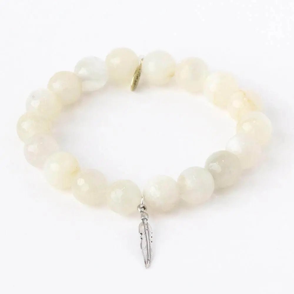 Cream Moonstone + Gold Feather Bracelet - Amethyst Goddess