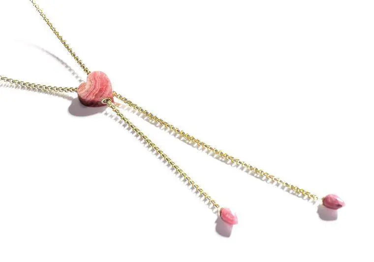 Luv Me Rhodochrosite Heart Adjustable Necklace in 14K Yellow Gold Plated Sterling Silver - Amethyst Goddess