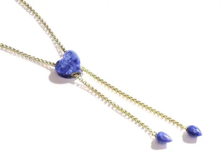 Luv Me Sodalite Adjustable Heart Necklace in 14K Yellow Gold Plated Sterling Silver - Amethyst Goddess