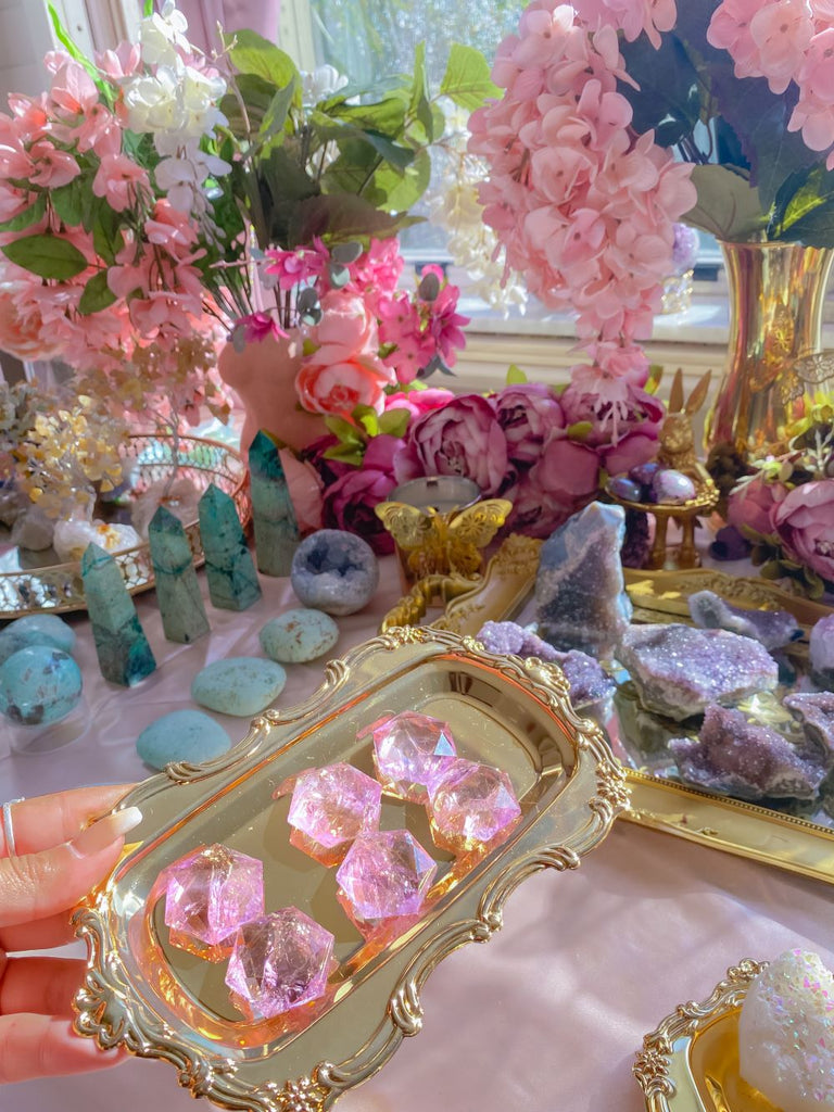 beautiful display of crystals with flowers