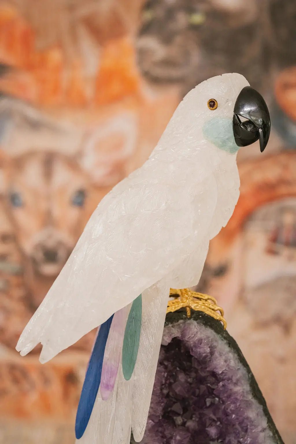 3 Ft Clear Quartz Crystal Parrot On Amethyst Cathedral - Amethyst Goddess