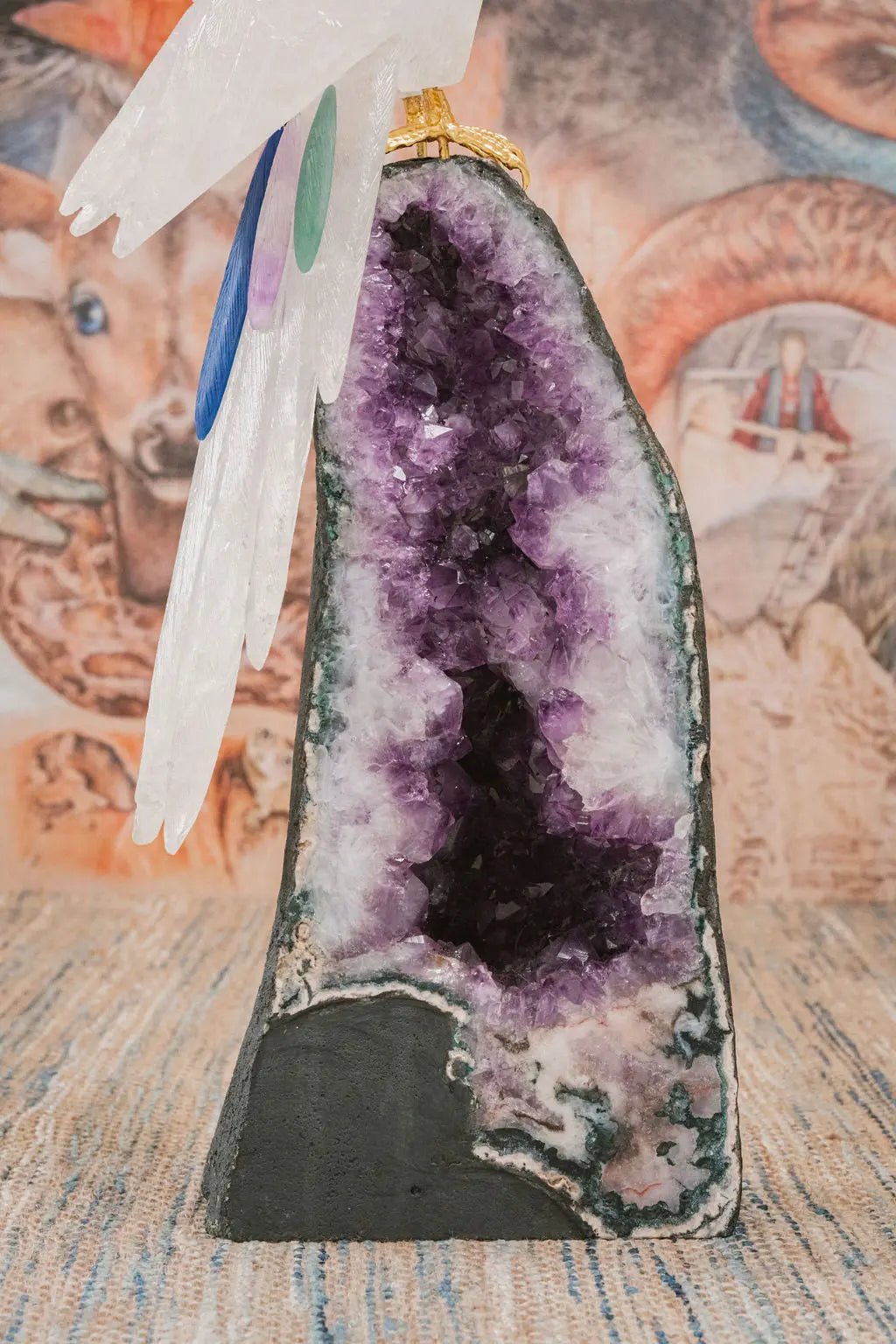 3 Ft Clear Quartz Crystal Parrot On Amethyst Cathedral - Amethyst Goddess