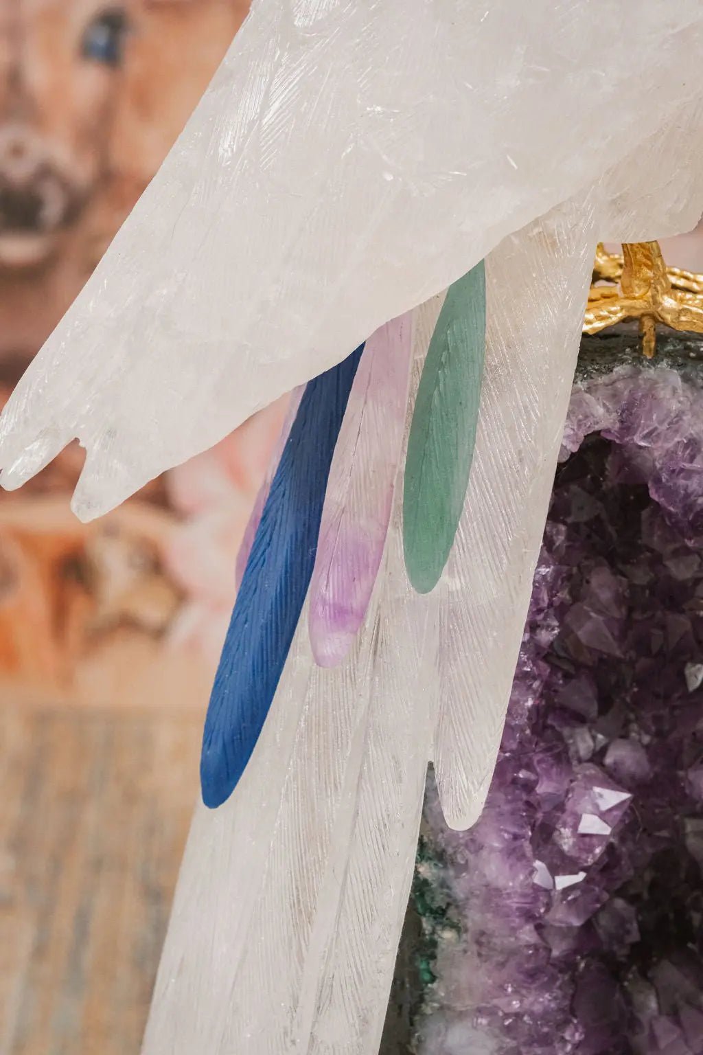 3 Ft Clear Quartz Crystal Parrot On Amethyst Cathedral - Amethyst Goddess