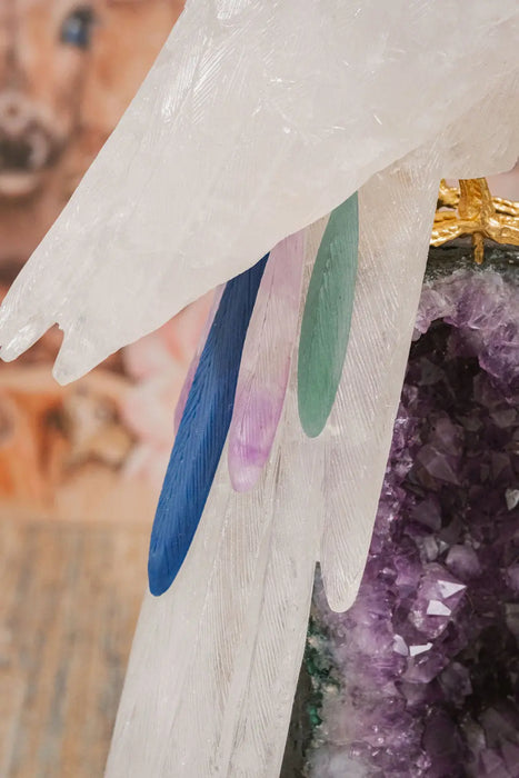 3 Ft Clear Quartz Crystal Parrot On Amethyst Cathedral,19