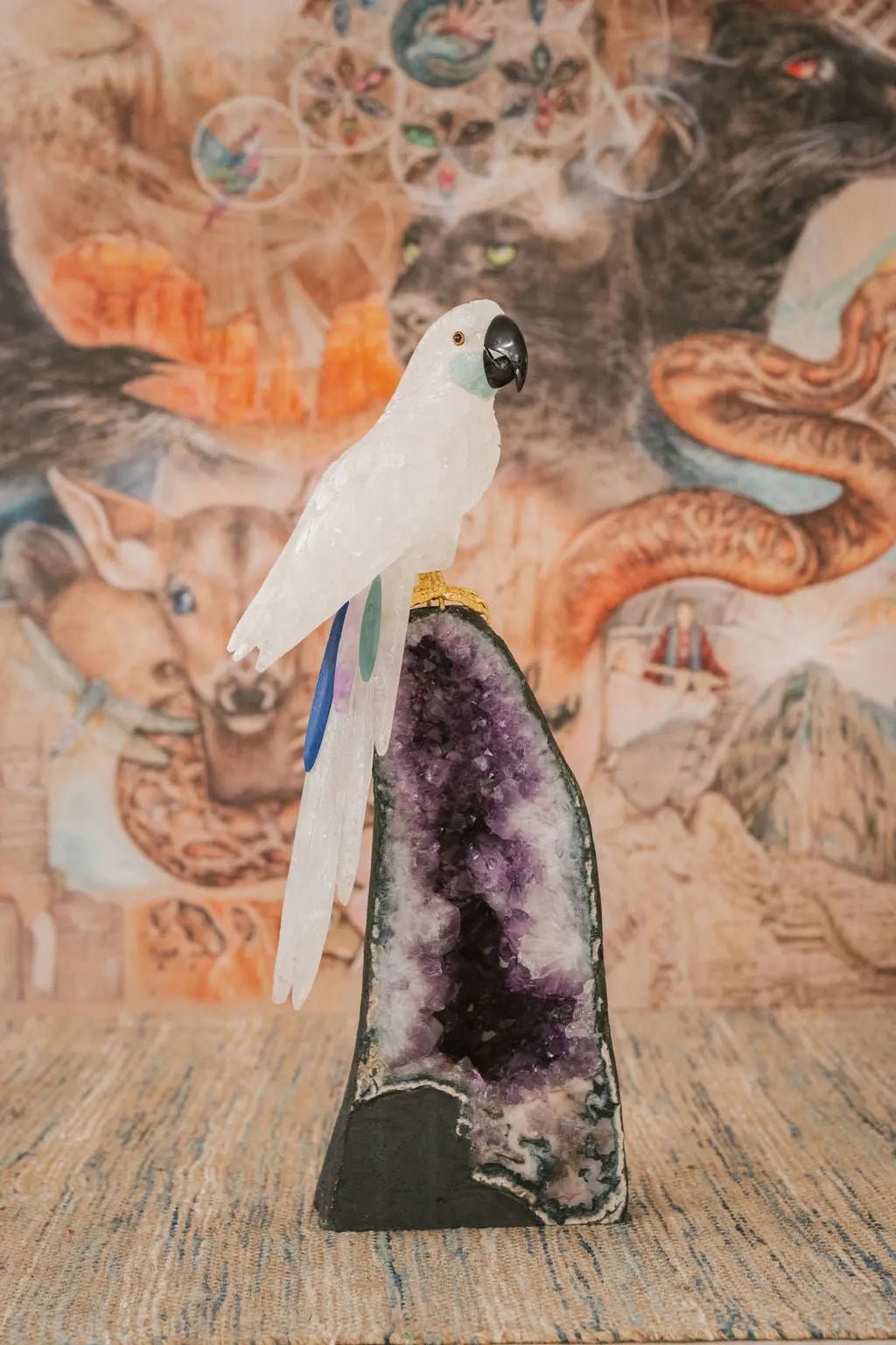 3 Ft Clear Quartz Crystal Parrot On Amethyst Cathedral - Amethyst Goddess