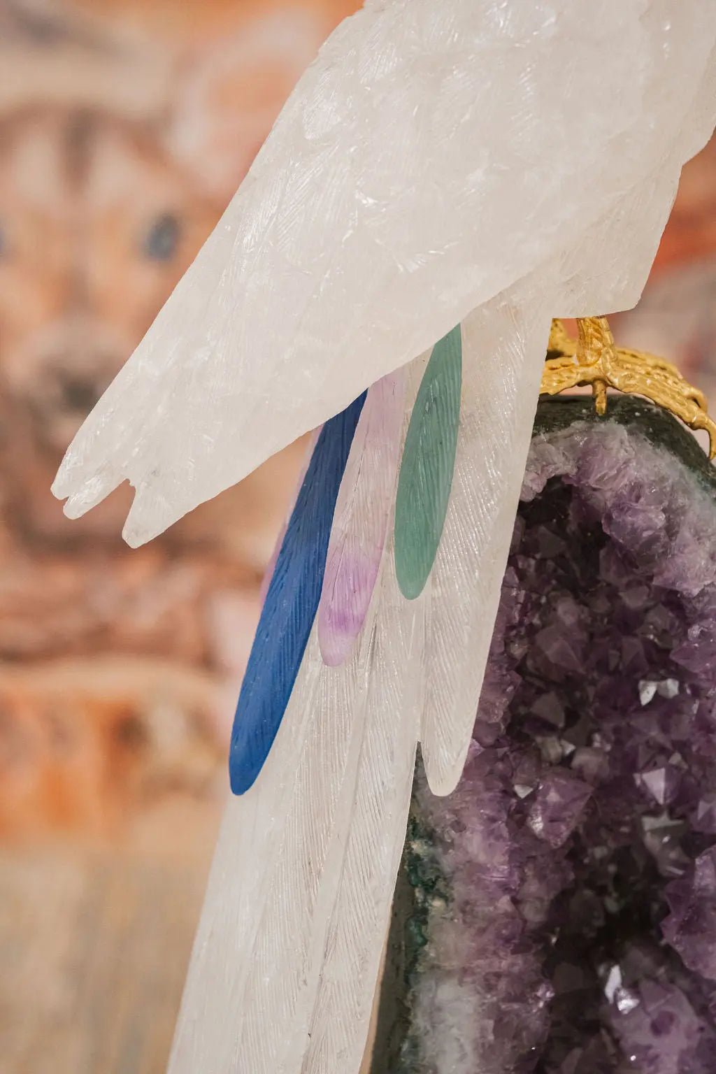 3 Ft Clear Quartz Crystal Parrot On Amethyst Cathedral - Amethyst Goddess