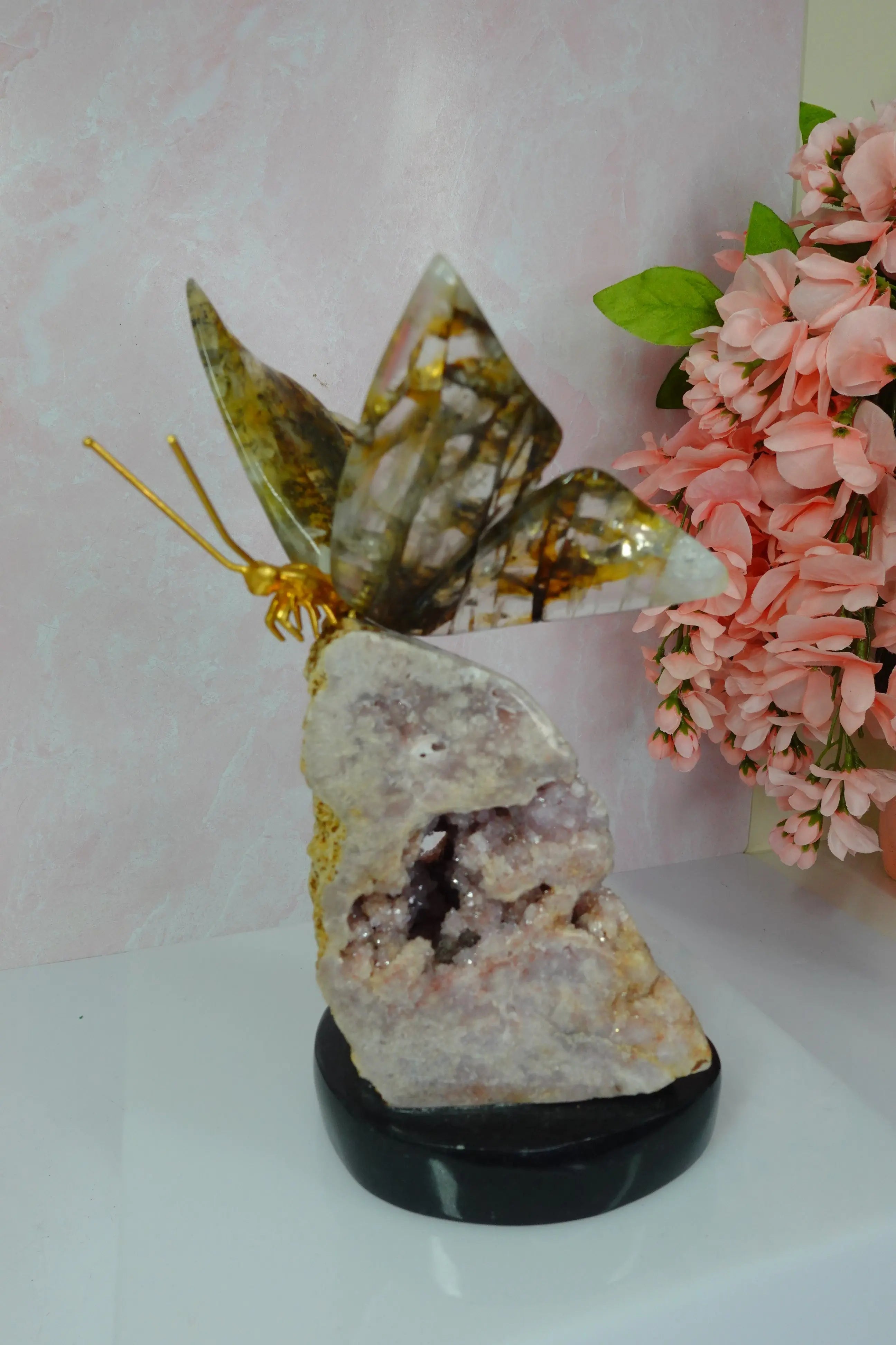 Golden Healer Crystal Butterfly on Pink Amethyst Base