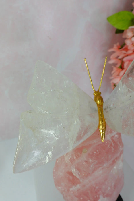 Clear Quartz Crystal Butterfly Carving On Rough Rose Quartz