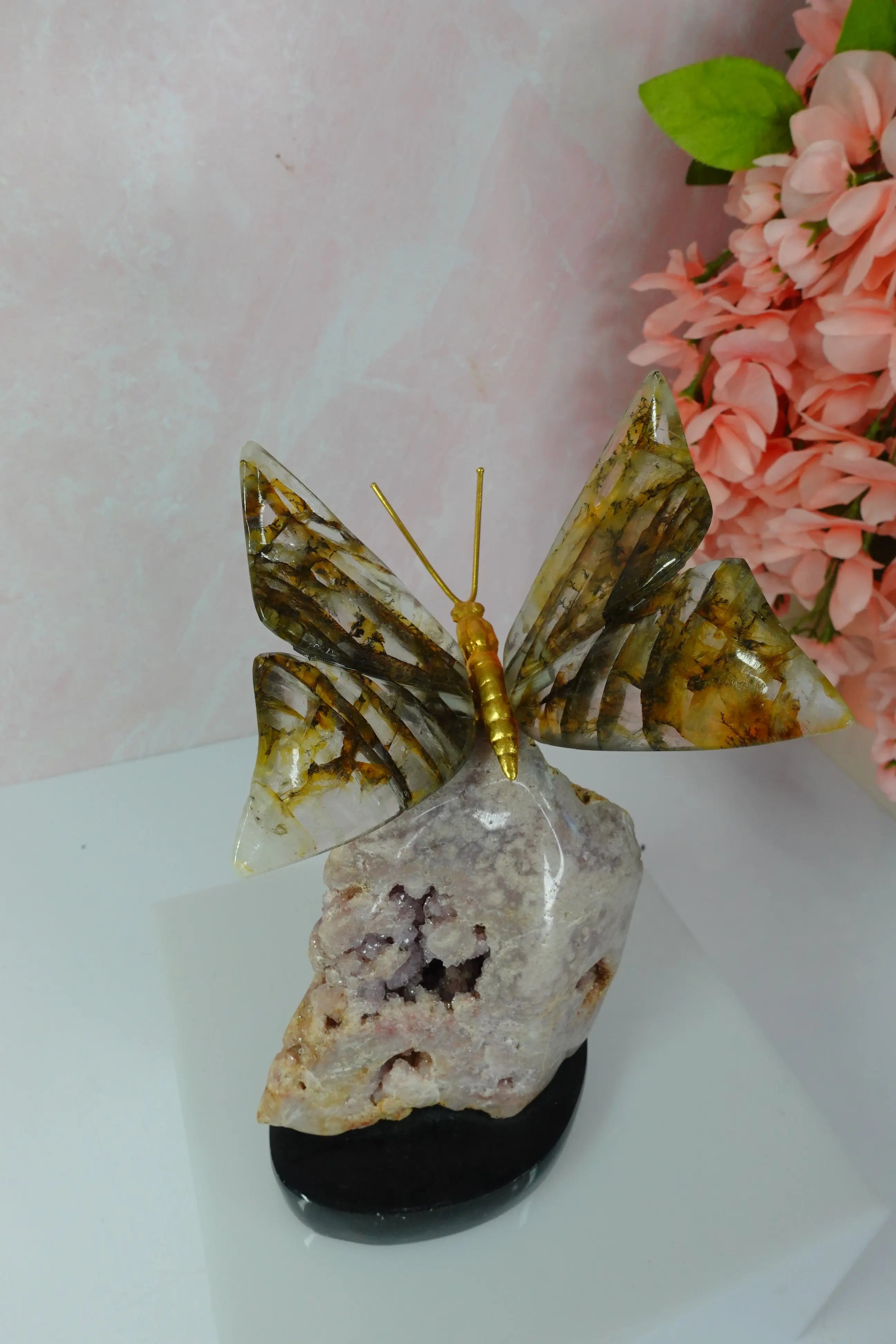 Golden Healer Crystal Butterfly on Pink Amethyst Base - Amethyst Goddess