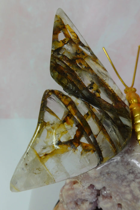 Golden Healer Crystal Butterfly on Pink Amethyst Base - Amethyst Goddess