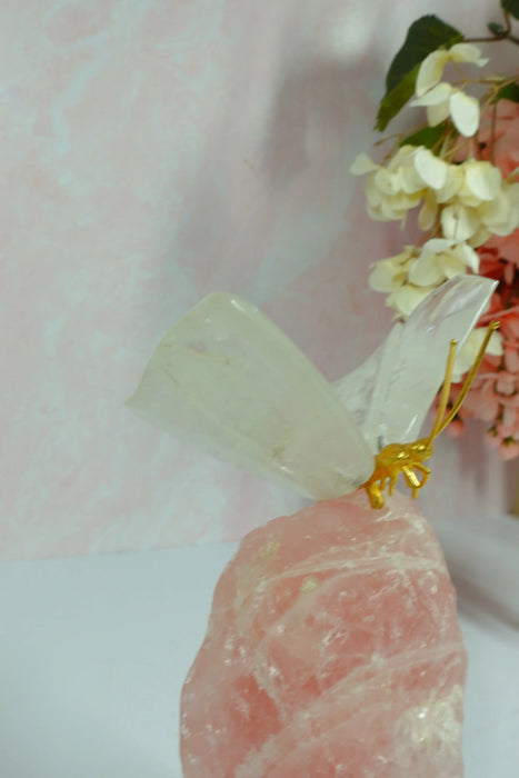 Clear Quartz Crystal Butterfly Carving On Rough Rose Quartz