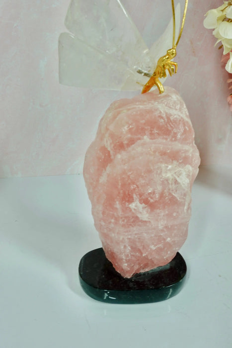 Clear Quartz Crystal Butterfly Carving On Rough Rose Quartz