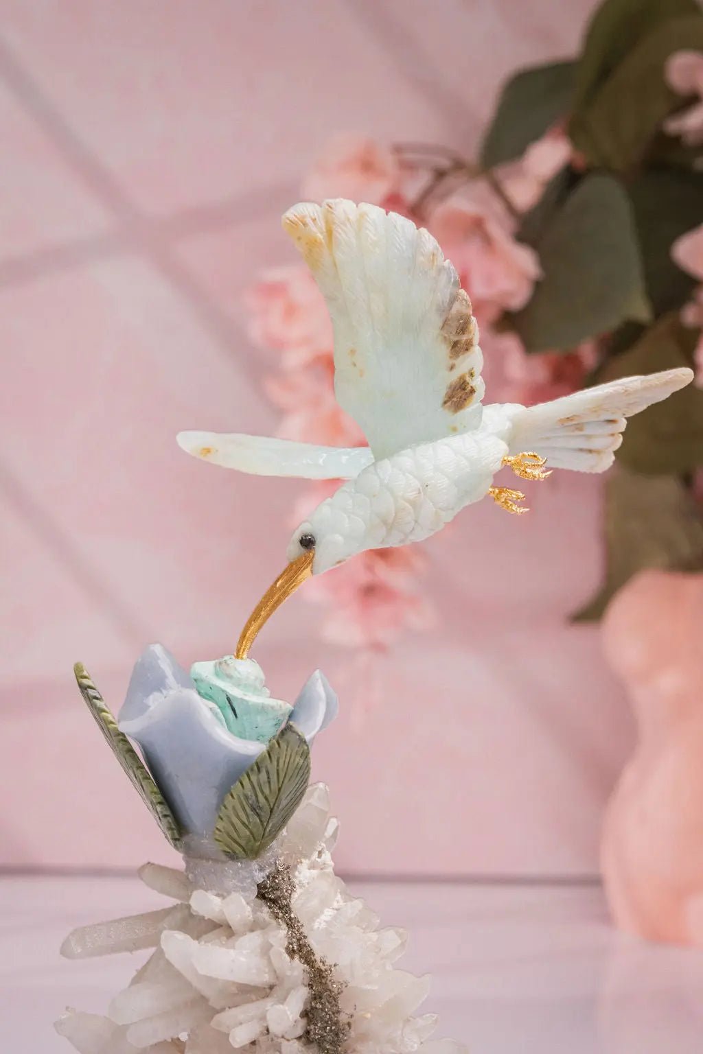 "Celestial Bloom" - Blue Andean Opal Hummingbird Sculpture on Quartz/ Pyrite Base - Amethyst Goddess