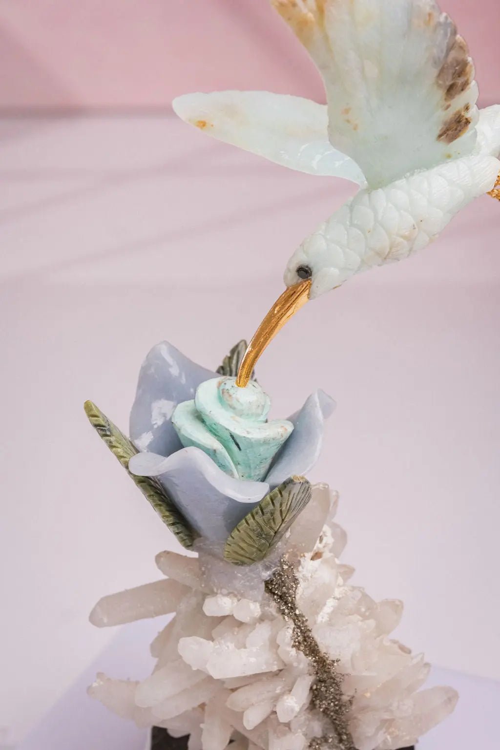 "Celestial Bloom" - Blue Andean Opal Hummingbird Sculpture on Quartz/ Pyrite Base - Amethyst Goddess