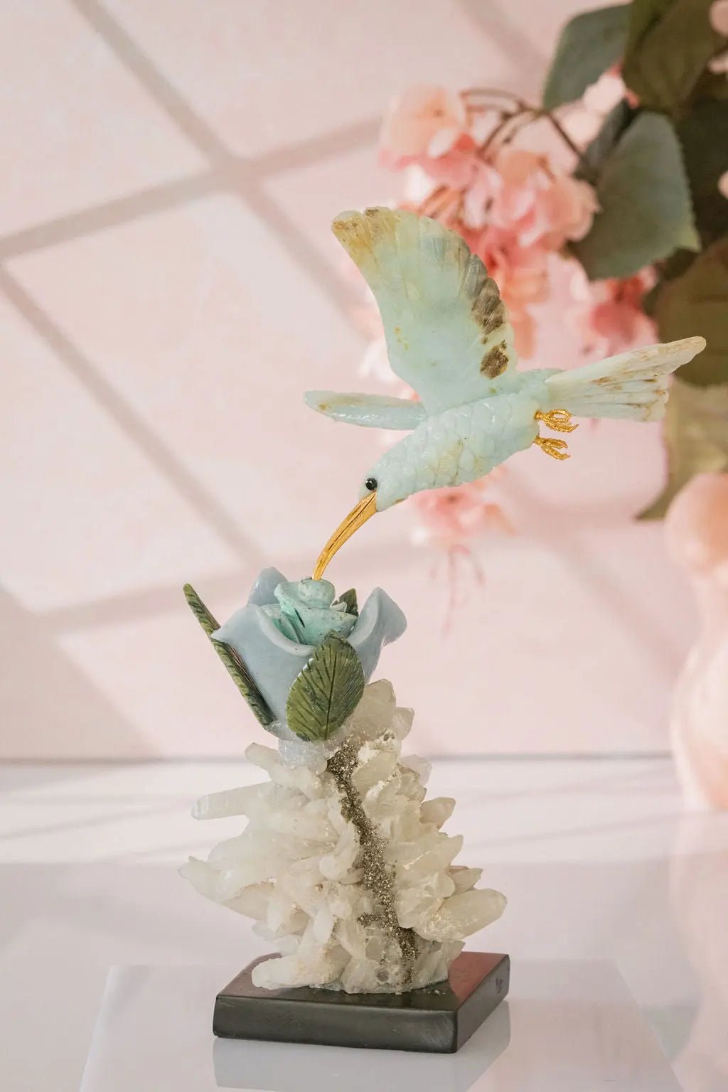 "Celestial Bloom" - Blue Andean Opal Hummingbird Sculpture on Quartz/ Pyrite Base - Amethyst Goddess