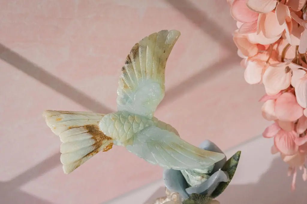 "Celestial Bloom" - Blue Andean Opal Hummingbird Sculpture on Quartz/ Pyrite Base - Amethyst Goddess