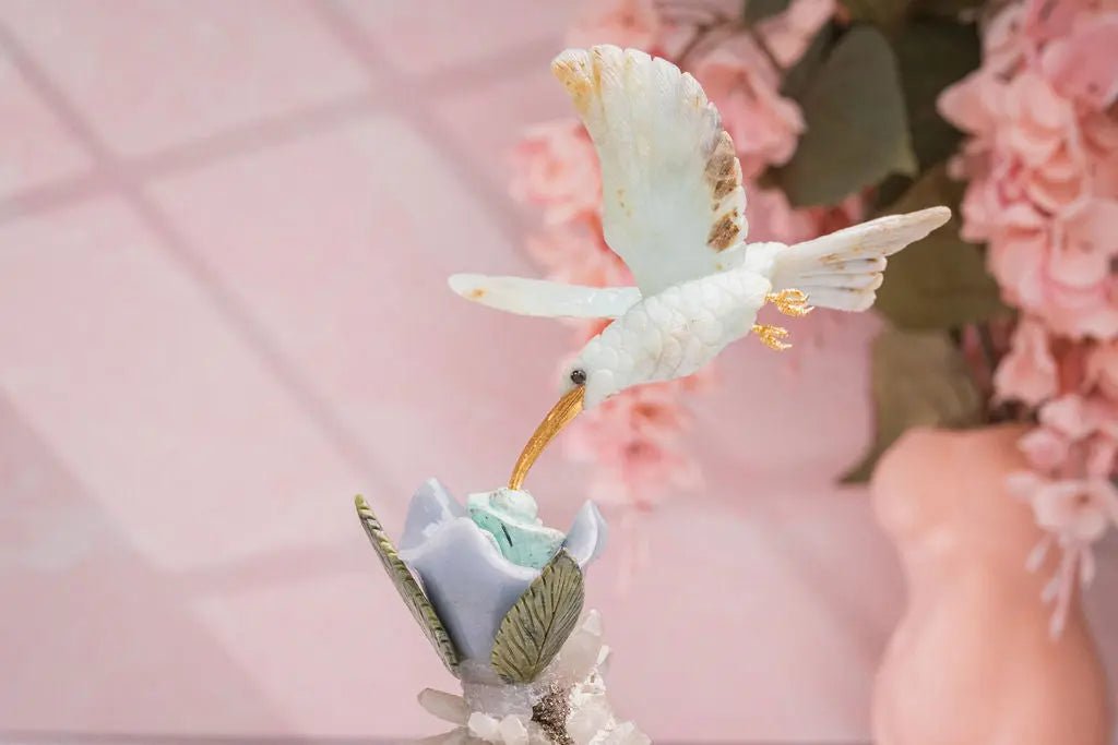 "Celestial Bloom" - Blue Andean Opal Hummingbird Sculpture on Quartz/ Pyrite Base - Amethyst Goddess
