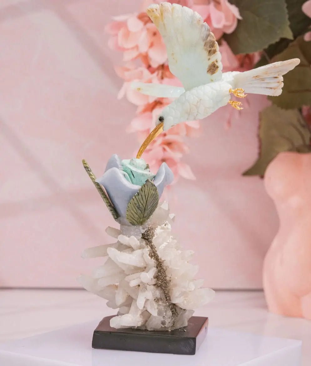 "Celestial Bloom" - Blue Andean Opal Hummingbird Sculpture on Quartz/ Pyrite Base - Amethyst Goddess