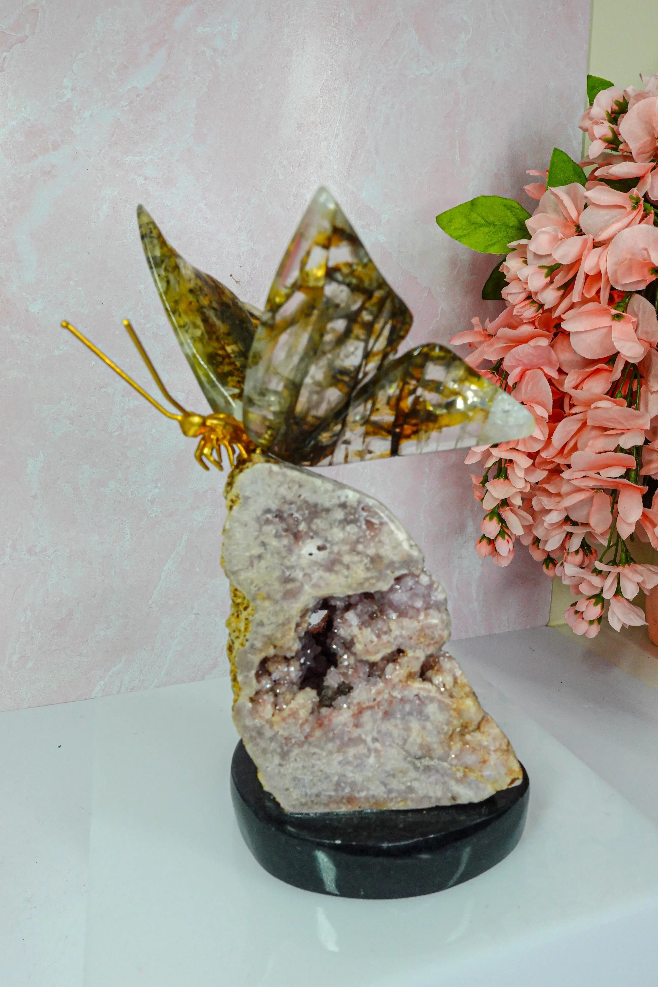 Golden Healer Crystal Butterfly on Pink Amethyst Base