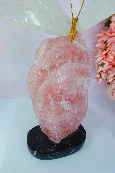 Clear Quartz Crystal Butterfly Carving On Rough Rose Quartz