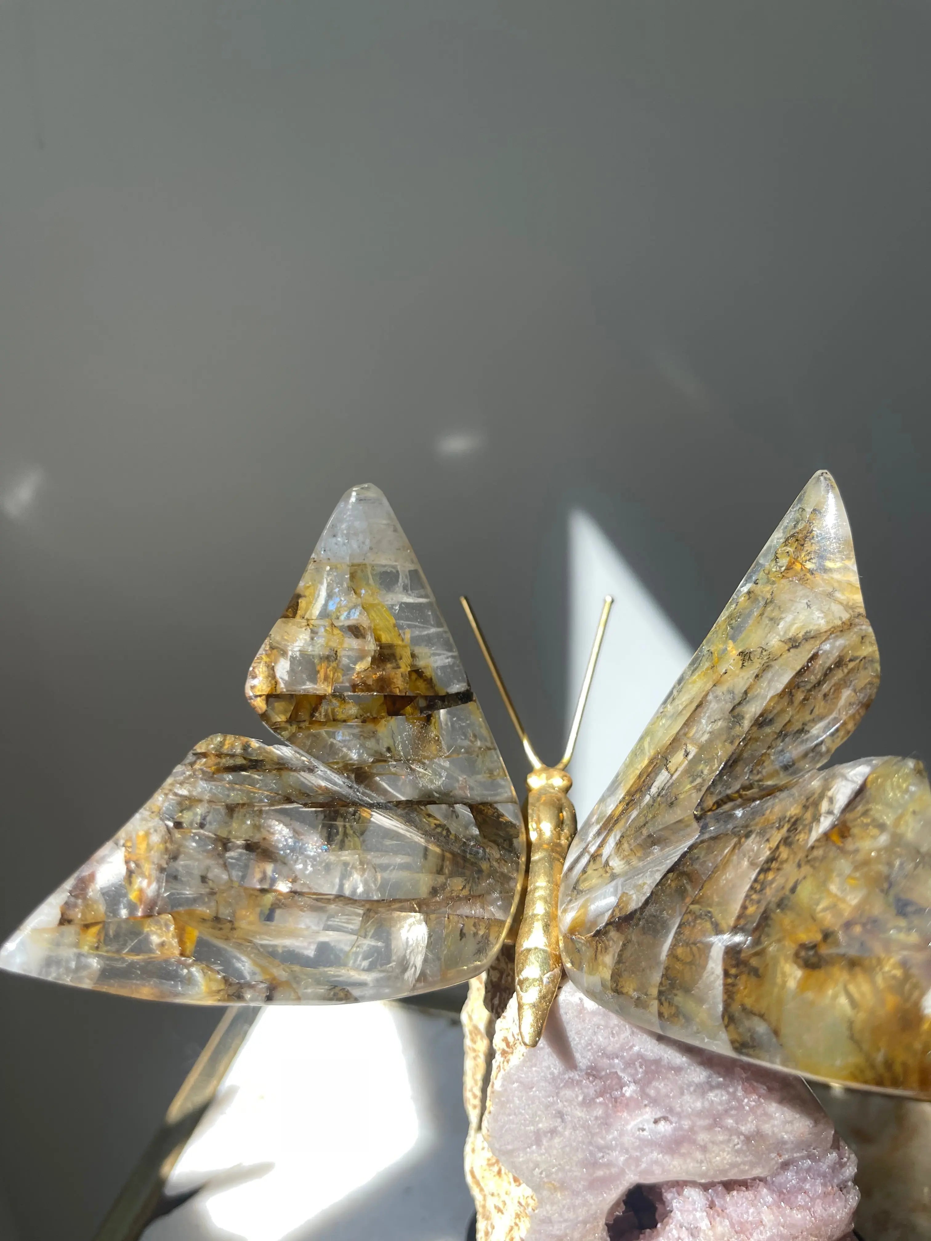 Golden Healer Crystal Butterfly on Pink Amethyst Base 