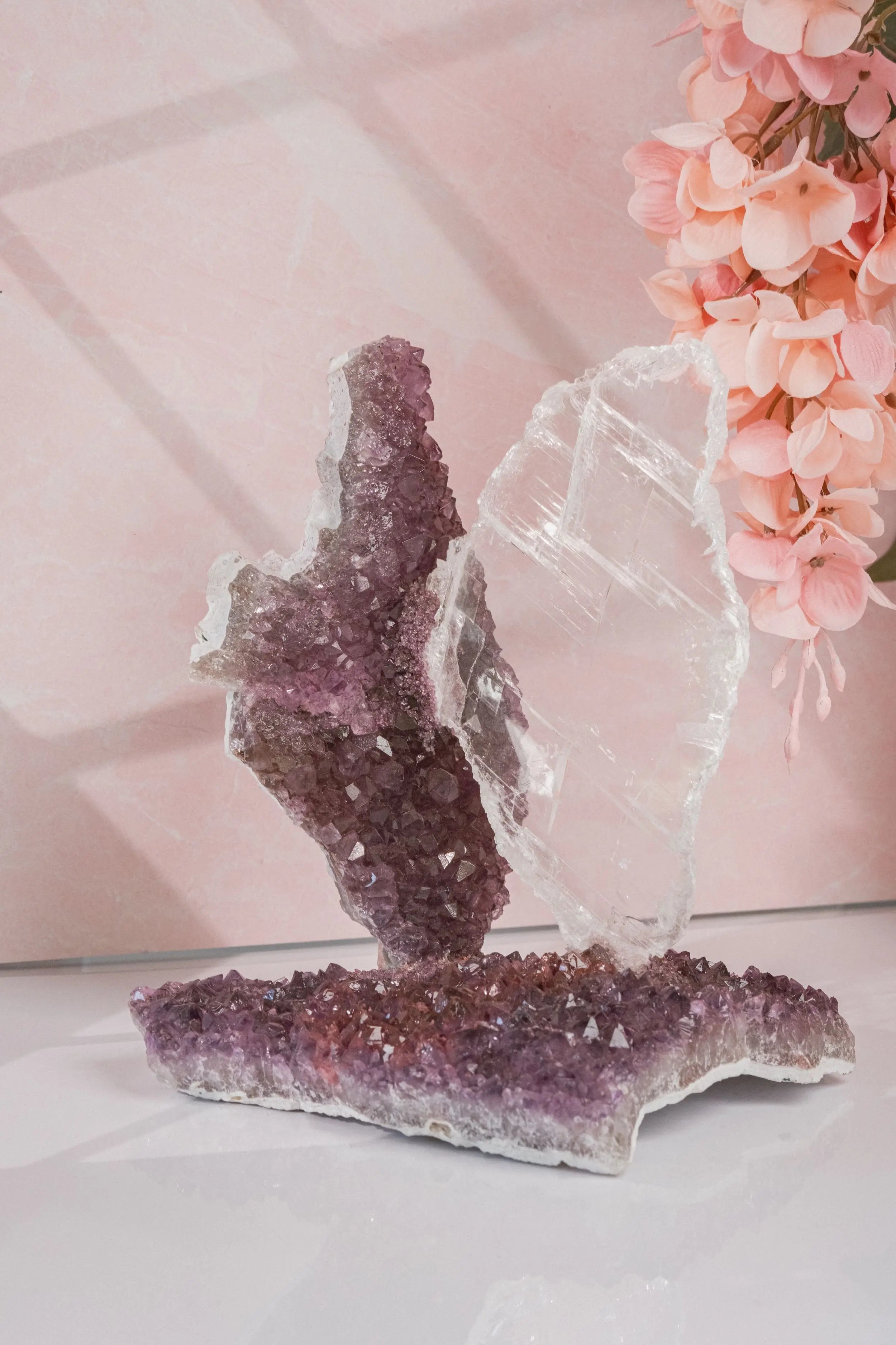 Amethyst Flowers With Selenite Gypsum - Amethyst Goddess