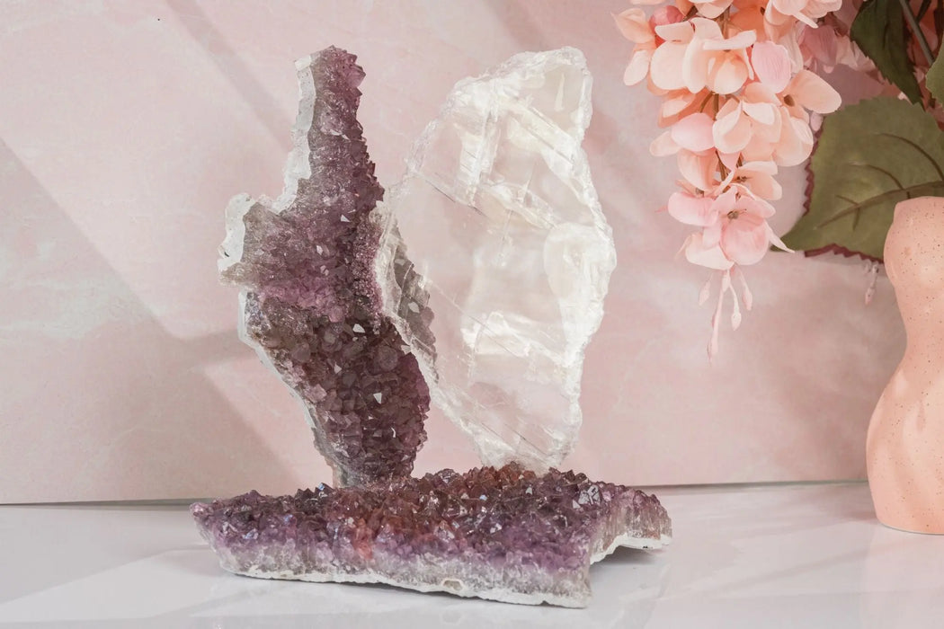 Amethyst Flowers With Selenite Gypsum - Amethyst Goddess