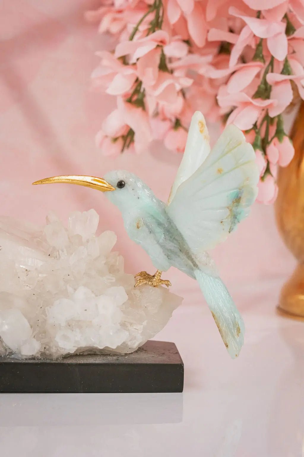 Harmony in Flight: Andean Blue Opal Hummingbird Sculpture on Quartz Base - Amethyst Goddess