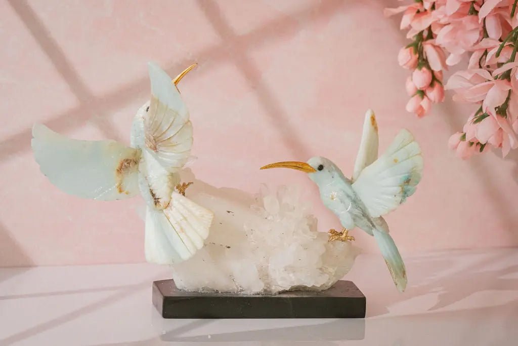 Harmony in Flight: Andean Blue Opal Hummingbird Sculpture on Quartz Base - Amethyst Goddess
