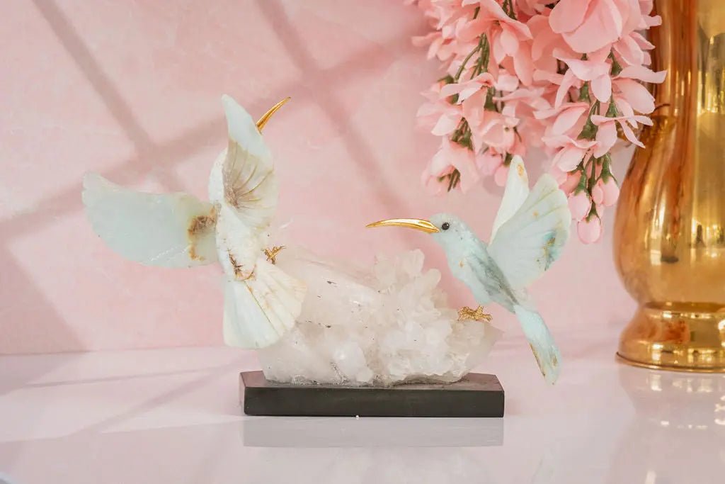 Harmony in Flight: Andean Blue Opal Hummingbird Sculpture on Quartz Base - Amethyst Goddess