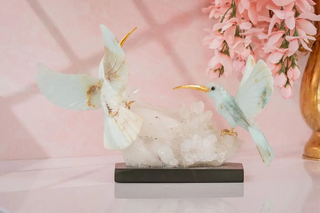Harmony in Flight: Andean Blue Opal Hummingbird Sculpture on Quartz Base - Amethyst Goddess