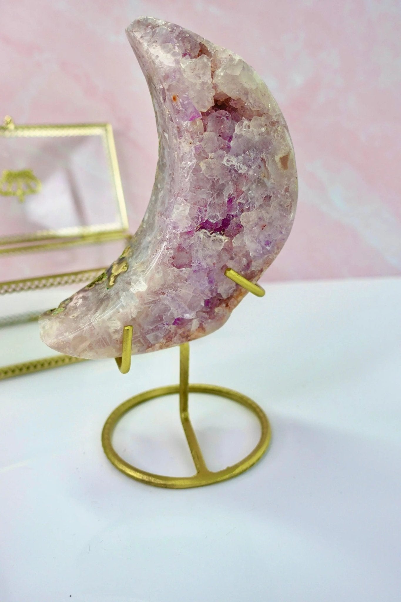 Pink Amethyst Moons With Gold Base - Amethyst Goddess