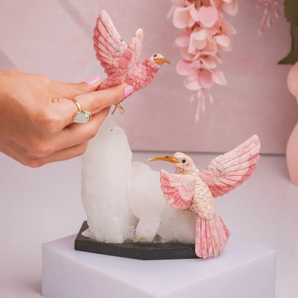 Pink Serenade: Dual Rhodochrosite Hummingbirds with Quartz Monolith - Amethyst Goddess