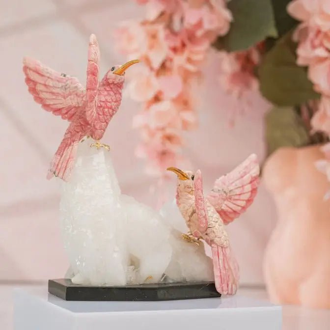 Pink Serenade: Dual Rhodochrosite Hummingbirds with Quartz Monolith - Amethyst Goddess