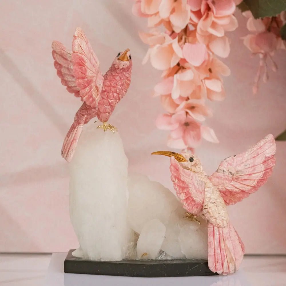 Pink Serenade: Dual Rhodochrosite Hummingbirds with Quartz Monolith - Amethyst Goddess